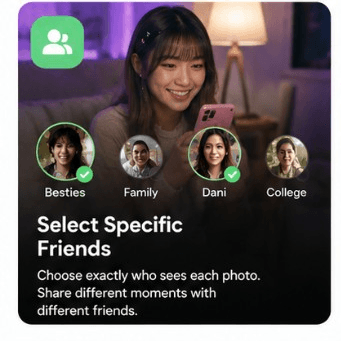 Select Specific Friends — Choose exactly who sees each photo. Share different moments with different friends.